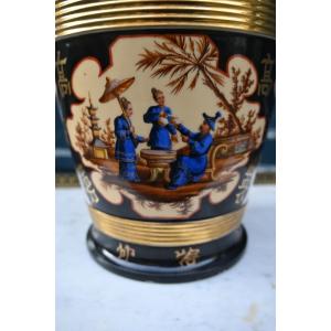 Porcelain Cachepot With Chinese Motifs, 19th Century, Charles X Period