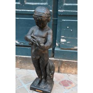 Lead Sculpture Of A Young Boy With A Bird In The Garden, After Bridan