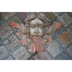 Large Polychrome Oak Sculpture Of An Angel's Head From The Louis XIV Period