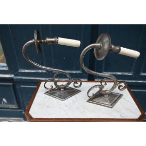 Pair Of Elegant Silver-plated Metal Wall Sconces, Jansen House