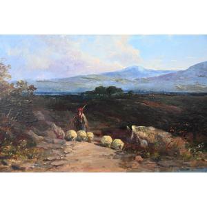 Oil Painting, Heath Landscape By Georges Holor, 19th Century