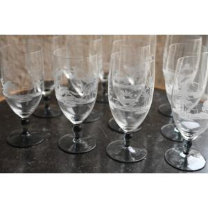 Hunting, Set Of 12 Engraved Crystal Glasses