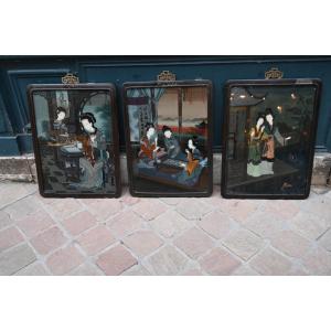 Set Of Three Chinese-style Reverse-painted Glass Paintings Of Courtesans