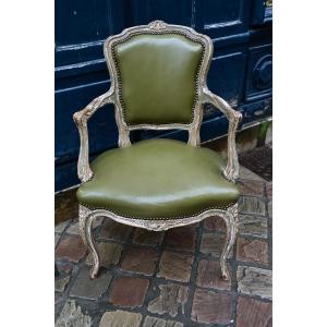 Convertible Armchair In Relacquered Wood And Green Leather Trim, Louis XV