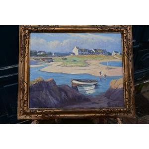 Brittany, By Gauffriaud "boats At Low Tide" Oil On Canvas 