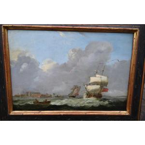 Oil On Panel, Sailboats Off A Coast, 17th-century Style