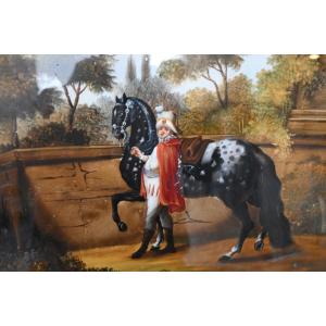 Beautifully Fixed Under Glass, Rider And His Piebald Horse 
