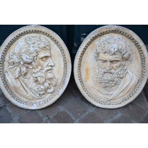 Pair Of Large Plaster Medallions, Profile Of A 19th-century Philosopher