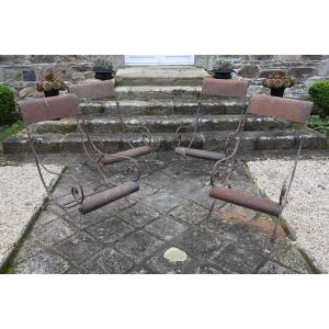 Elegant Set Of 4 Wrought Iron Armchairs, 19th Century