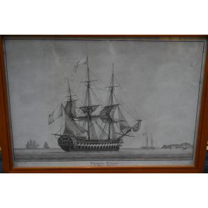 Drawing Depicting A French Ship, French School Of The 18th Century