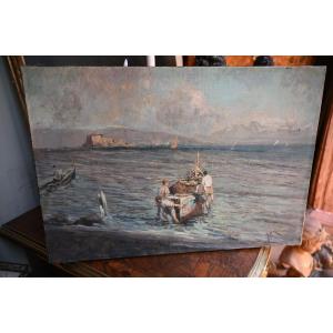 View Of The Neapolitan Coast With Fishermen, Oil Painting By Giardello
