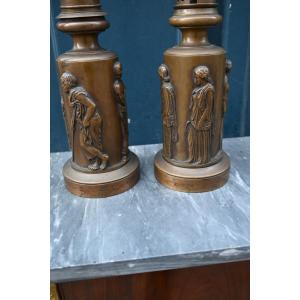 Barbedienne, Pair Of Antique-style Bronze Lamps 