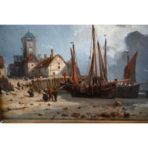 Etretat, Wooden Panel Depicting Etretat And Its Caiques, 19th Century