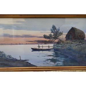 Camargue, Watercolor With Setting Sun On Pond