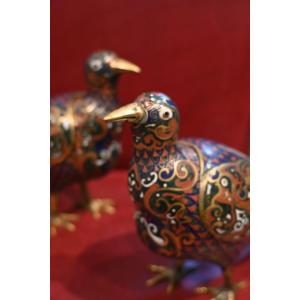 China Pair Of Cloisonné Quails, Perfume Burner XIX