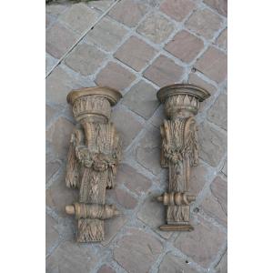Two Carved Oak Consoles, Natural, 18th Century