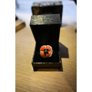 Enamel Coral Flower And Diamonds Ring