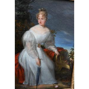 Charming Portrait Of A Young Woman In A Park 19th Century School