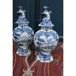 Pair Of Delft XVIIIth Century Covered Vases