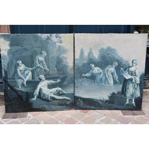Pair Of Large XVIIIth Century Canvases In Blue Monochrome Following Lancret