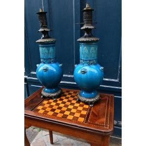 Théodore Deck , Pair Of Large Bleu De Perse Glazed Ceramic Lamps