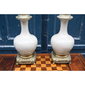 Pair Of White Crackled Ceramic Lamps With 19th-century Bronze Bases