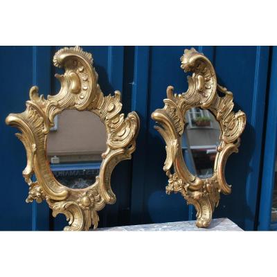 Pair Of Mirrors In Golden Wood D Baroque Italy XVIII