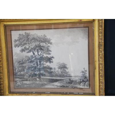 Large Drawing Landscape And Trees Signed By Wartel. Empire XIX Period