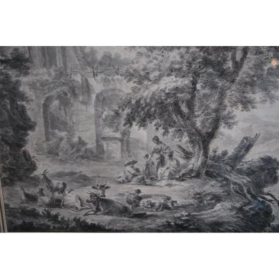 Large Drawing Scene Of Ruins And Characters, Late XVIII