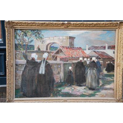 L Ile De Ré, Procession To Saint Martin, Oil Signed By Suzanne Minier