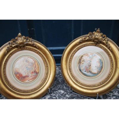 Pair Of Gouaches In Tondo End XVIII