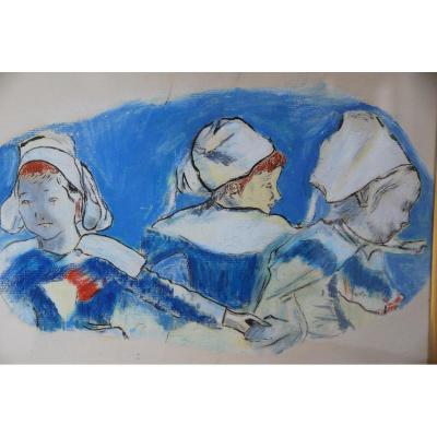 Pastel Drawing: Three Bretons, D After Paul Gauguin