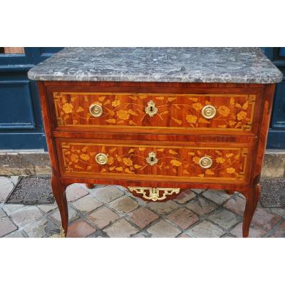 Elegant Commode In Marquetry Of Flowers D Transition Period XVIII