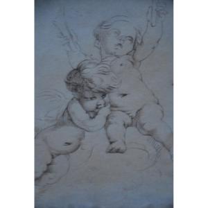 Pen Drawing Two Putti, XVIII School After Boucher
