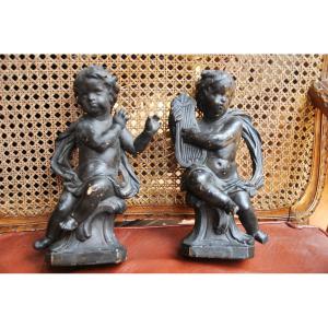 Pair Of Putti Musicians In Wood, XVIII