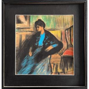 Woman In An Interior - Pastel On Paper
