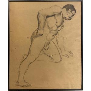 19th Century French School, Study Of A Naked Man Leaning On The Left Hand, Unsigned, Drawing