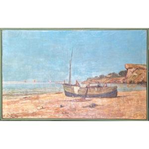 Marine, Signed (?), 19th Century, Oil On Canvas, 150x93 Cm, With Frame