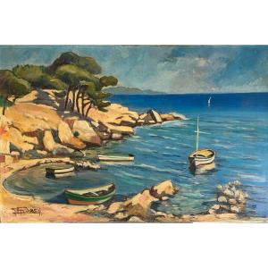 Pomey (?), Seaside, 20th Century, Oil On Canvas, 65 X 100 Cm, Unframed  
