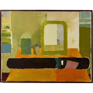 Still Life With Black Scroll, Signed Innocente, Titled On The Back On The Label, 20th Century, Oil On Canvas