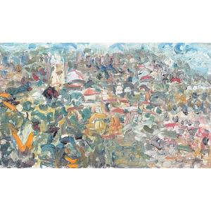 Abstract Landscape, Signed Saint Jean, 20th Century, Oil On Canvas, 24x41 Cm, Unframed