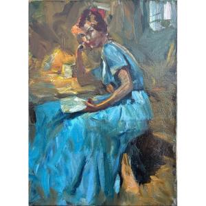 Woman Reading, Unsigned, 20th Century, Oil On Canvas, 46x33cm, Unframed