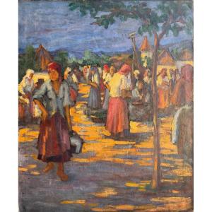Scène De Marché, XXe, Non Signé, Huile Sur Toile, 100x82cm, Sans Cadre