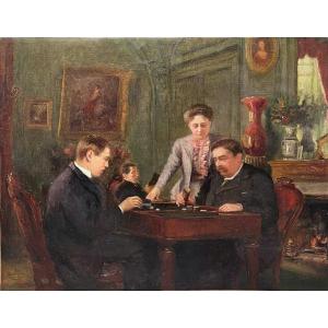 Backgammon, 19th Century, Oil On Canvas, 46x57cm, Unframed