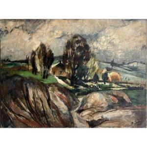 House And Hills, Signed Emile Didier 1938, Oil On Canvas, 65x92cm, Unframed 