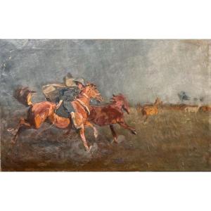 Horse Racing In The Rain, Oil On Canvas, Signed Bela Juskó, 20th Century, 142x87 Cm, Unframed
