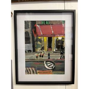 Tristani, Market In Corsica, 20th Century, Gouache On Paper, Signed, 52x42 Cm, With Frame