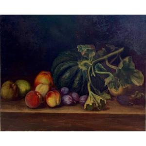 Still Life With Pumpkin, Unsigned, 19th Century, Oil On Canvas, 55x64 Cm, Unframed