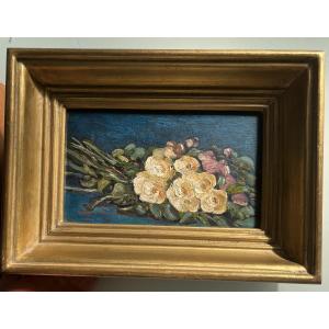 Lh Monnier, Bouquet On A Blue Background, 1992, Oil On Panel, Signed, 29.5x21.5 Cm, With Frame