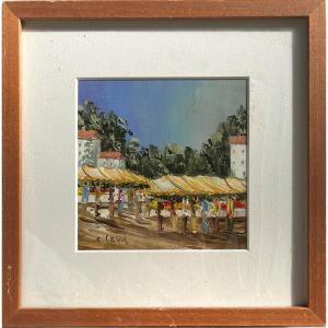 C Leva, The Market, 20th Century, Oil On Paper, Signed, 26.5x26.5cm, With Frame